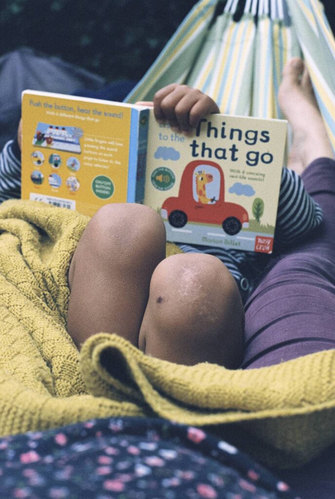 I am in my own family photo by including my own legs with my child's while we were in the hammock. 